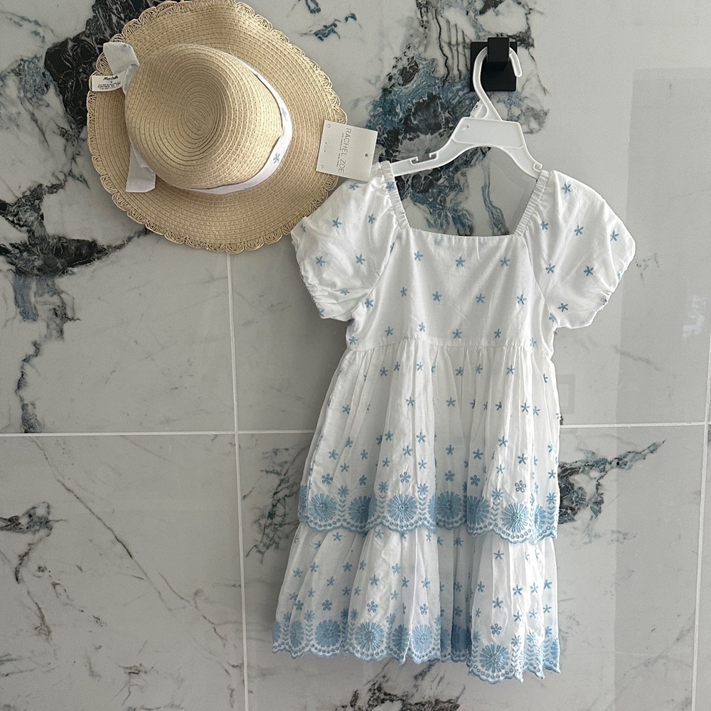 NWT Rachel Zoe White & Blue Starry Puff Sleeve Dress with Straw Hat – Size 5T